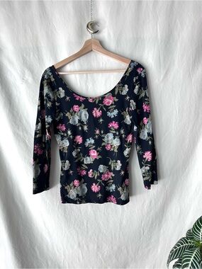 bp Black Floral Scoop Neck Long Sleeve Top with Pink & Gray Blooms